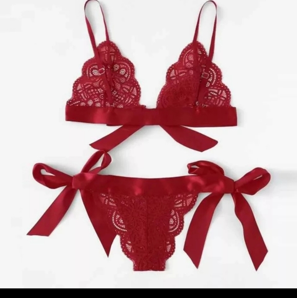 XL ONLY left! Lingerie Underwear Set Bow Ties Side panty Lace Bralette + Thong - Picture 2 of 4